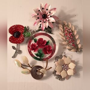 Floral Brooch Set with Red and Pink Accents